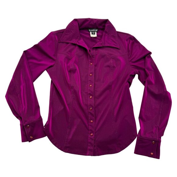 VTG Y2K Bebe Iridescent Snap Front Top Fuchsia Retro Glam Cowgirl Retro Size M - Picture 1 of 12